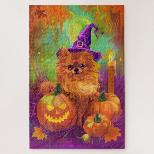 Puzzle Chien Poméranien éffrayant Halloween sorcière et C (Vertical)