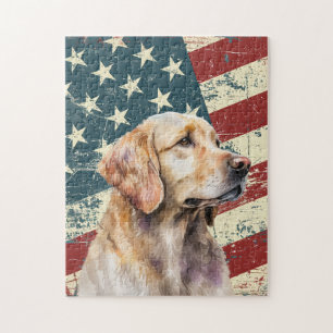 Puzzle Chien Retriever doré Drapeau américain Grunge