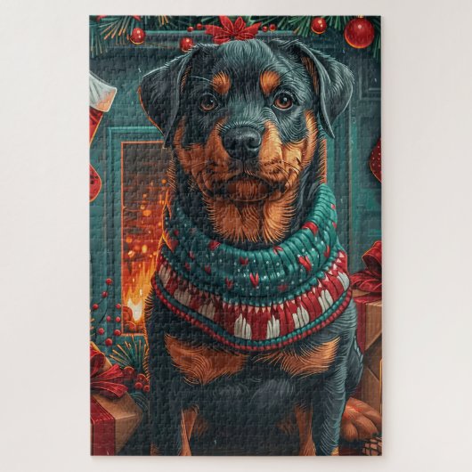Puzzle Chien Rottweiler avec des cadeaux de Noël cheminée (Vertical)