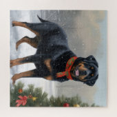 Puzzle Chien Rottweiler dans la neige de Noël (Horizontal)