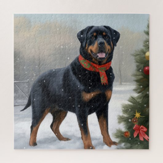 Puzzle Chien Rottweiler dans la neige de Noël (Vertical)