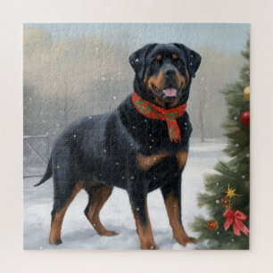 Puzzle Chien Rottweiler pendant Noël de neige