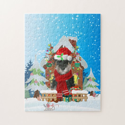 Puzzle Chien Schnauzer avec cadeaux de Noël (Vertical)