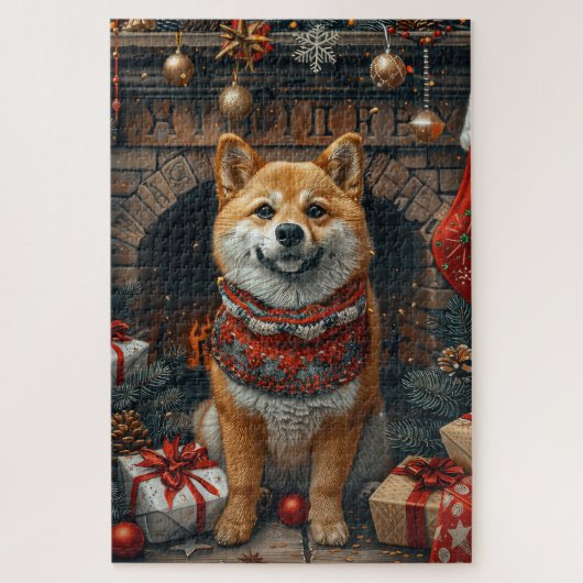 Puzzle Chien Shiba Inu Avec Cheminée Cadeaux De Noël (Vertical)