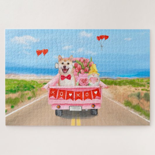 Puzzle Chien Shiba Inu Saint Valentin Coeurs de Camion (Horizontal)