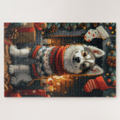 Puzzle Chien Sibérien Husky Avec Cheminée De Noël (Horizontal)