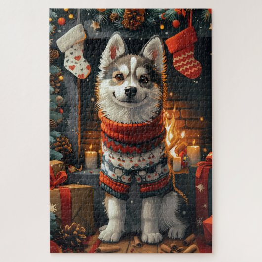 Puzzle Chien Sibérien Husky Avec Cheminée De Noël (Vertical)