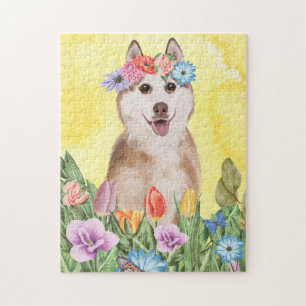 Puzzle Chien sibérien Husky avec printemps de fleurs