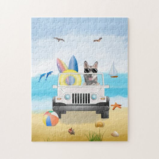 Puzzle chien sibérien husky Driving on Beach (Vertical)