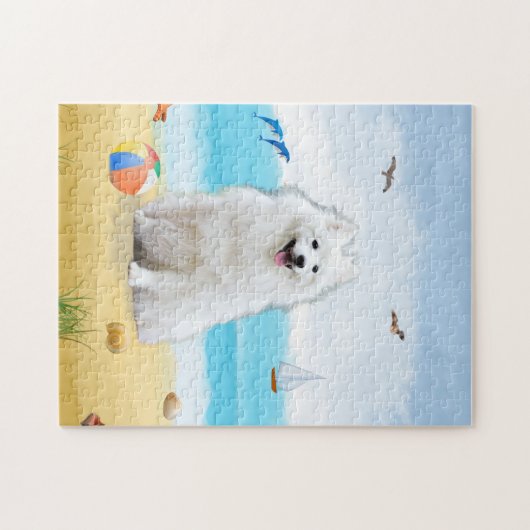 Puzzle chien spitz sur la plage (Horizontal)
