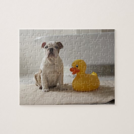 Puzzle Chien sur tapis avec canard en plastique (Horizontal)