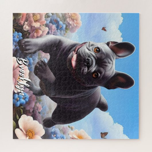 Puzzle Chien-taureaux et fleurs bleu français (Horizontal)