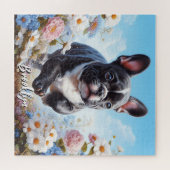 Puzzle Chien-taureaux et fleurs français noir et blanc (Horizontal)