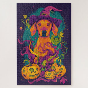 Puzzle Chien Vizsla effrayant Halloween Sorcière et Citro