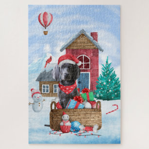 Puzzle Chien Weimaraner dans la maison de Noël enneigée