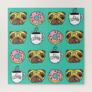 Puzzle Chiens amusants, beignets, motif de café.