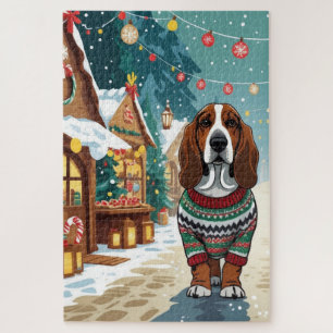 Puzzle Chiens Basset Hound Noël Neige Fêtes