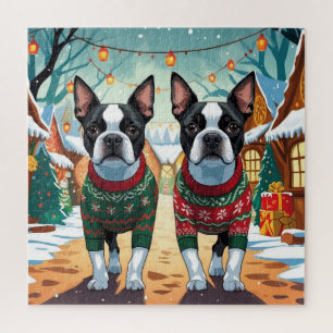 Puzzle Chiens Boston Terrier Noël Neige Fêtes