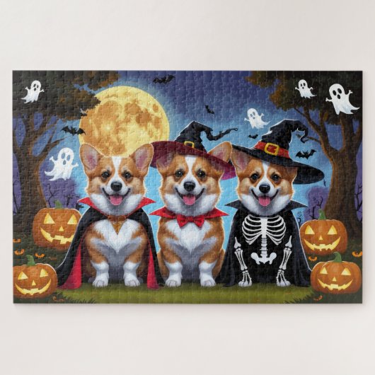 Puzzle Chiens Corgi Citrouille Halloween Drôle (Horizontal)