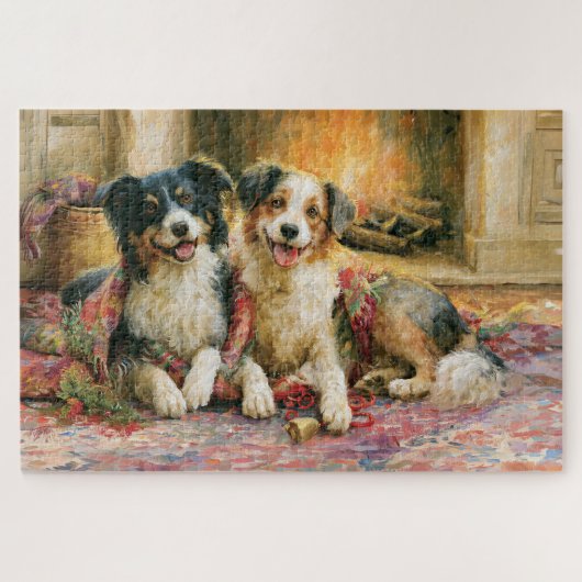 Puzzle Chiens de Noël Cheminée Rustique Peinture Nostalgi (Horizontal)
