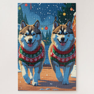 Puzzle Chiens Malamute d'Alaska Noël Neige Fêtes
