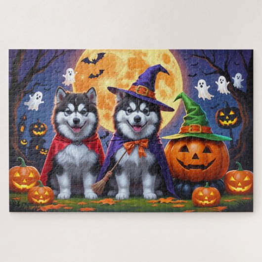 Puzzle Chiens malamuts de l'Alaska Citrouille Halloween d (Horizontal)