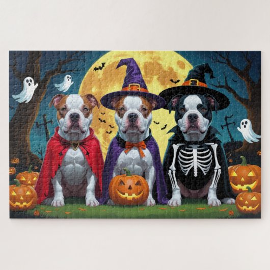 Puzzle Chiens Pitbull Citrouille Halloween Drôle (Horizontal)