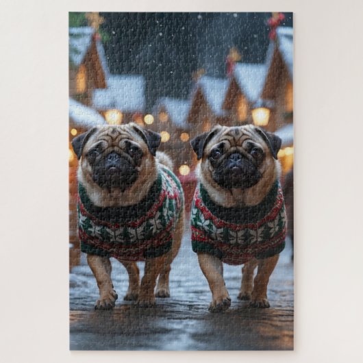 Puzzle Chiens Pug Noël Fête de la neige (Vertical)