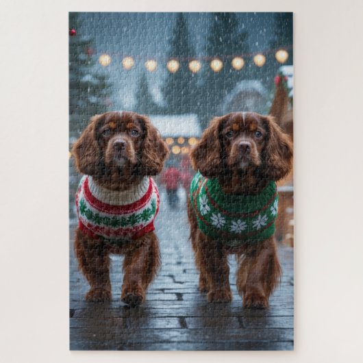 Puzzle Chiens Spaniel Tibétain Noël Neige Vacances (Vertical)