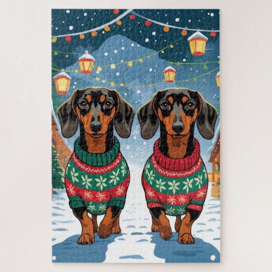 Puzzle Chiens Teckel Noël Neige Fêtes (Vertical)