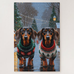 Puzzle Chiens teckel Noël Neige Fêtes