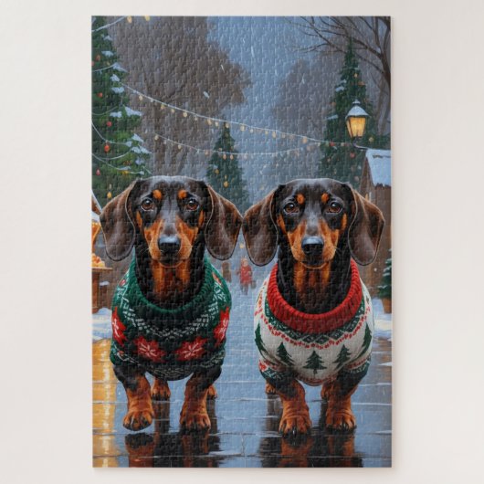 Puzzle Chiens teckel Noël Neige Fêtes (Vertical)