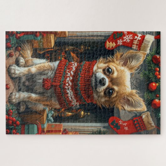 Puzzle Chihuahua Chien avec des cadeaux de Noël cheminée (Horizontal)