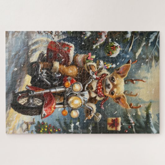 Puzzle Chihuahua Chien équitation moto Noël (Horizontal)