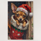 Puzzle Chihuahua Nestled in Christmas Stocking Hat (Vertical)