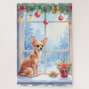 Puzzle Chihuahua rebord de fenêtre enneigé vacances Noël