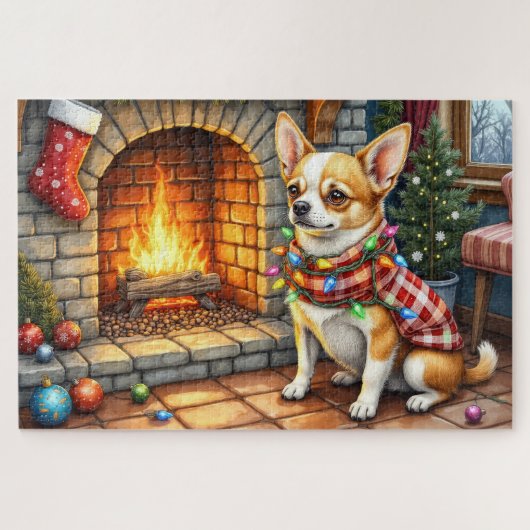 Puzzle Chihuahua Sitting Fireplace with Christmas Lights (Horizontal)