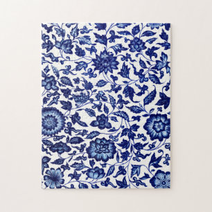 Puzzle Chinois bleu marine foncé motif floral sur blanc