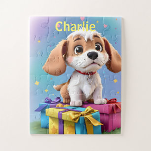 Puzzle Chiot adorable brun et blanc avec des cadeaux colo