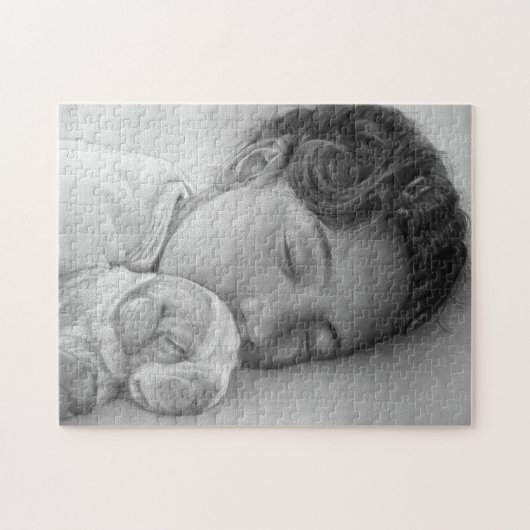 Puzzle chiot beagle mignon et petite fille endormie (Horizontal)