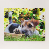 Puzzle Chiot espiègle mignon de Terrier en photo d'herbe (Horizontal)