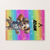 Puzzle Chiot jouant au football avec Rainbows & Name (Horizontal)