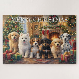 Puzzle Chiots de Noël près de la cheminée et de l'arbre d