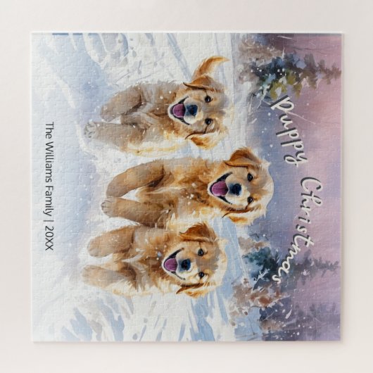 Puzzle Chiots mignons En Neige Texte Personnalisé Joyeux  (Horizontal)