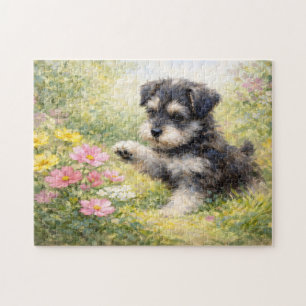 Puzzle Chiots Schnauzer Fleurs de Printemps