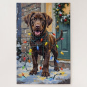 Puzzle Chocolate Labrador Tangled in Christmas Lights (Vertical)