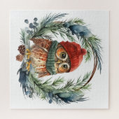 Puzzle Chouette d'aquarelle mignonne Oiseau de Noël (Horizontal)