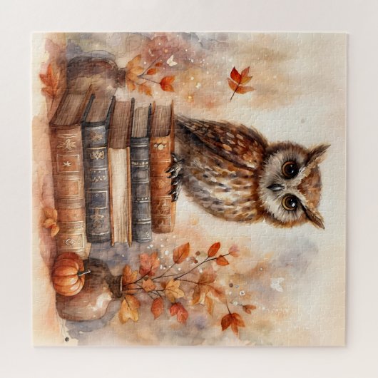 Puzzle Chouette d'automne sur botte avec feuilles d'autom (Horizontal)