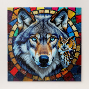 Puzzle Chouette et loup faune de style mosaïque vibrant