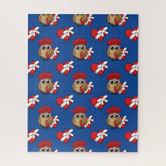 Puzzle Chouette mignonne avec béret rouge et boîte cardia (Vertical)